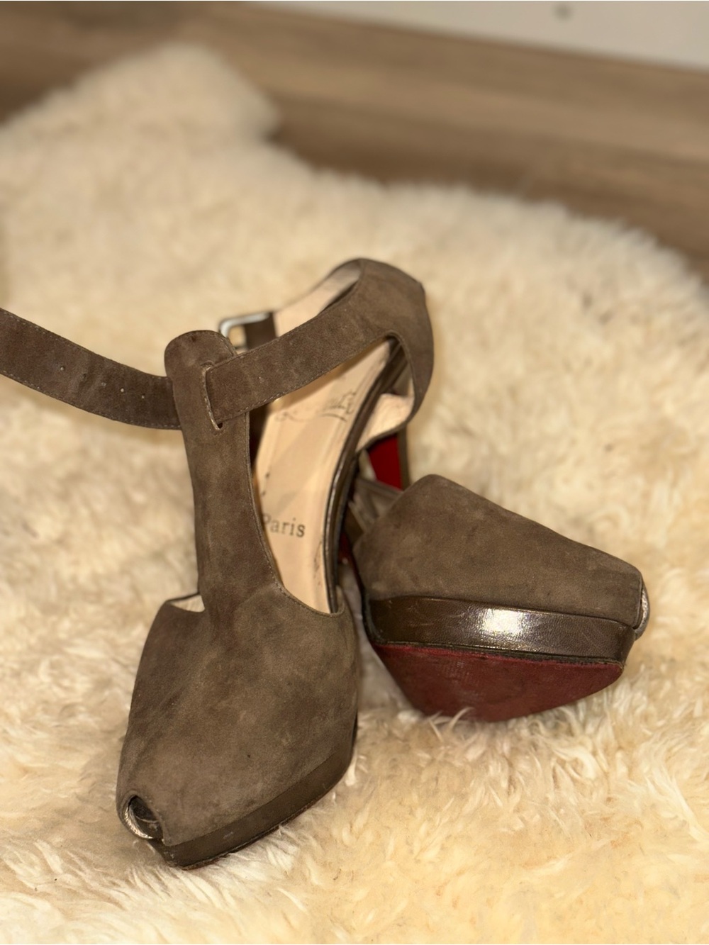 Christian Louboutin Taupe Suede Peep-Toe Ankle-Strap Heels with Red Sole